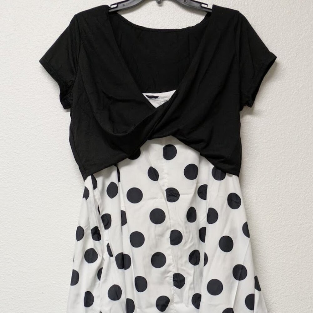 CELLABIE 2-PC Set Retro Polka Dot Ruffled Flowy Dress w/ Cropped Twist Shrug - L